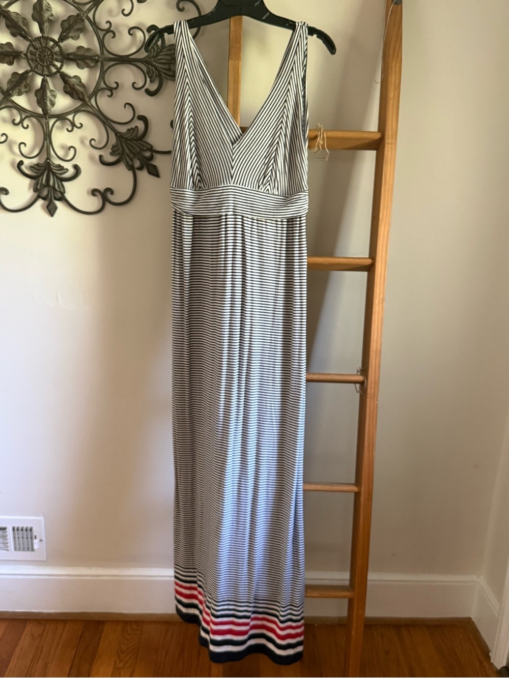 Max Studio Striped V-Neck Maxi Dress in Black, White & Red Accent